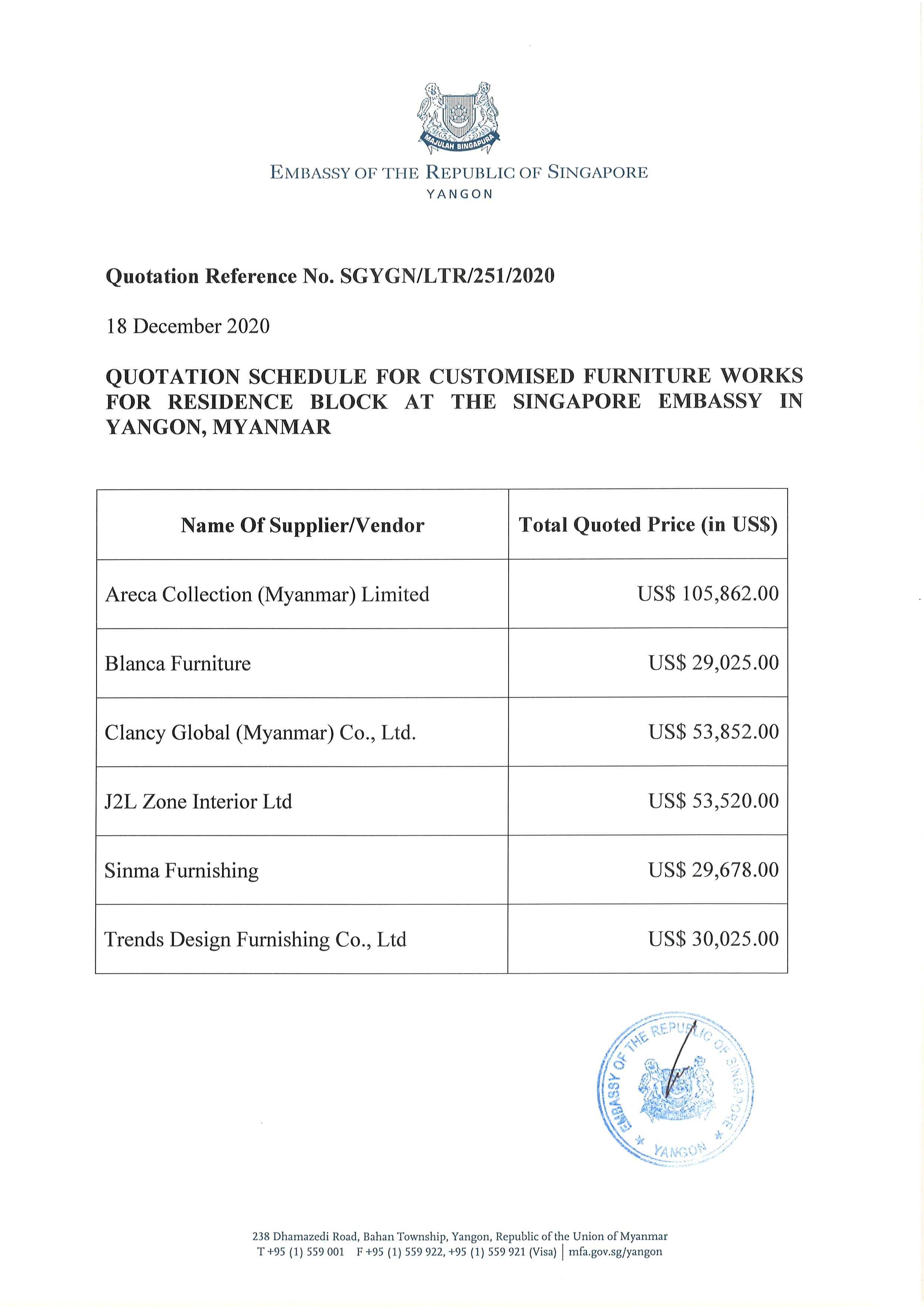 Document: Quotation from Singapore Embassy, Yangon, with table of furniture vendor prices in US$.